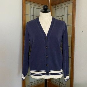 Tory Burch Navy and White Striped Hem V-Neck Cardigan